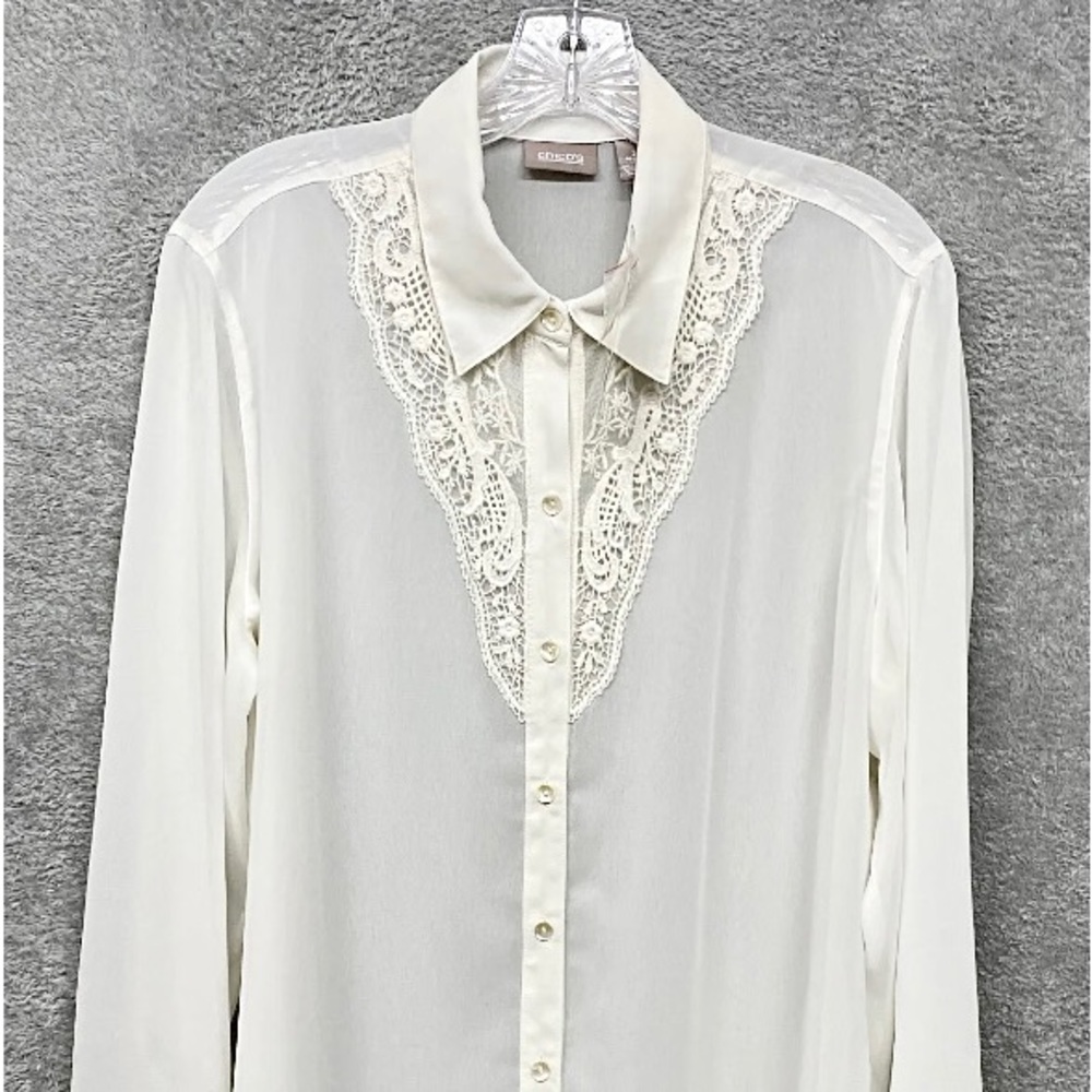 🦢New! Chicos Romantic Simi Sheer Ivory Lace, Long Sleeve Shirt Size 2, L, 12/14